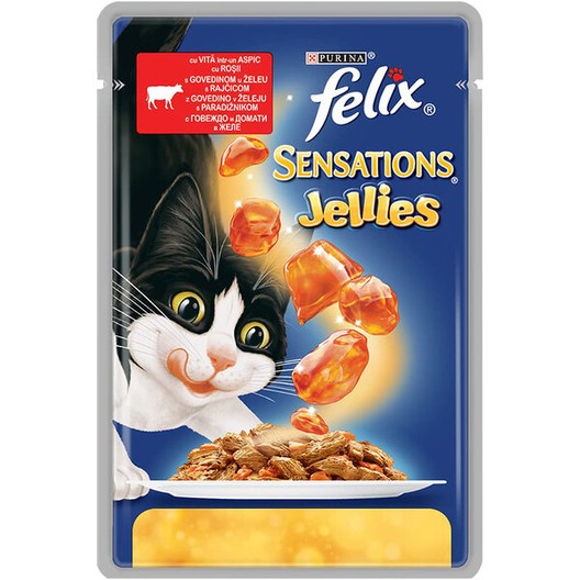 ХРАНА за котки "Felix" Sensations Jellie100г/говеждо с домат/